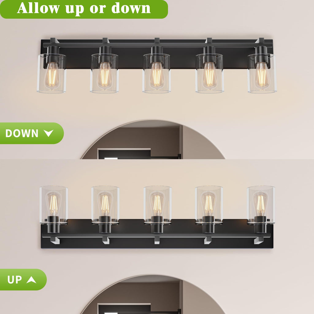 5-Light 37inch Matte Black Vanity Light, Thickened Clear Glass