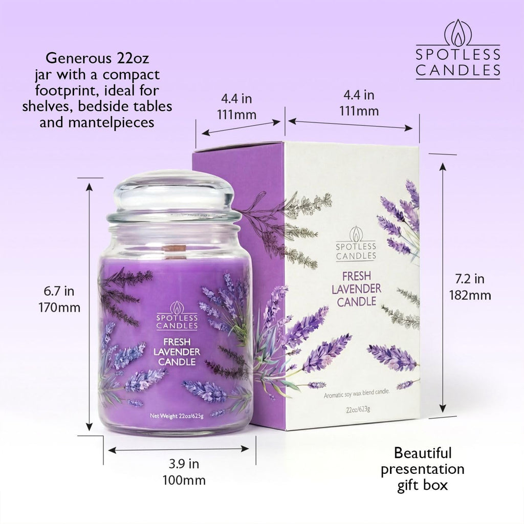 Lavender Candle 22oz Gift Boxed: 130 Hour Burn, Minimum 10% Fragrance Oil, Crackling Wooden Wick, Bergamot Lavender &