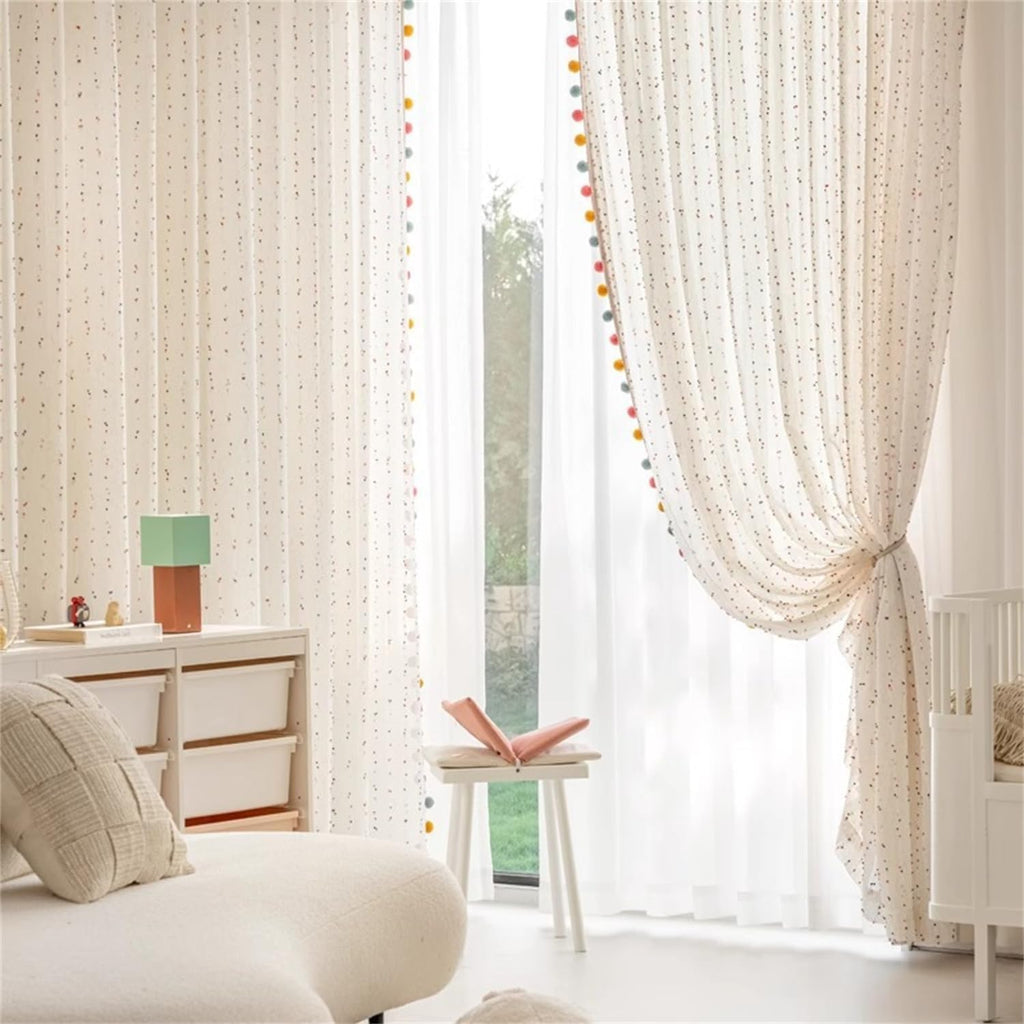 Boho Rainbow Sheer Curtain with Colorful Pom Pom Voile Drapes Faux Linen