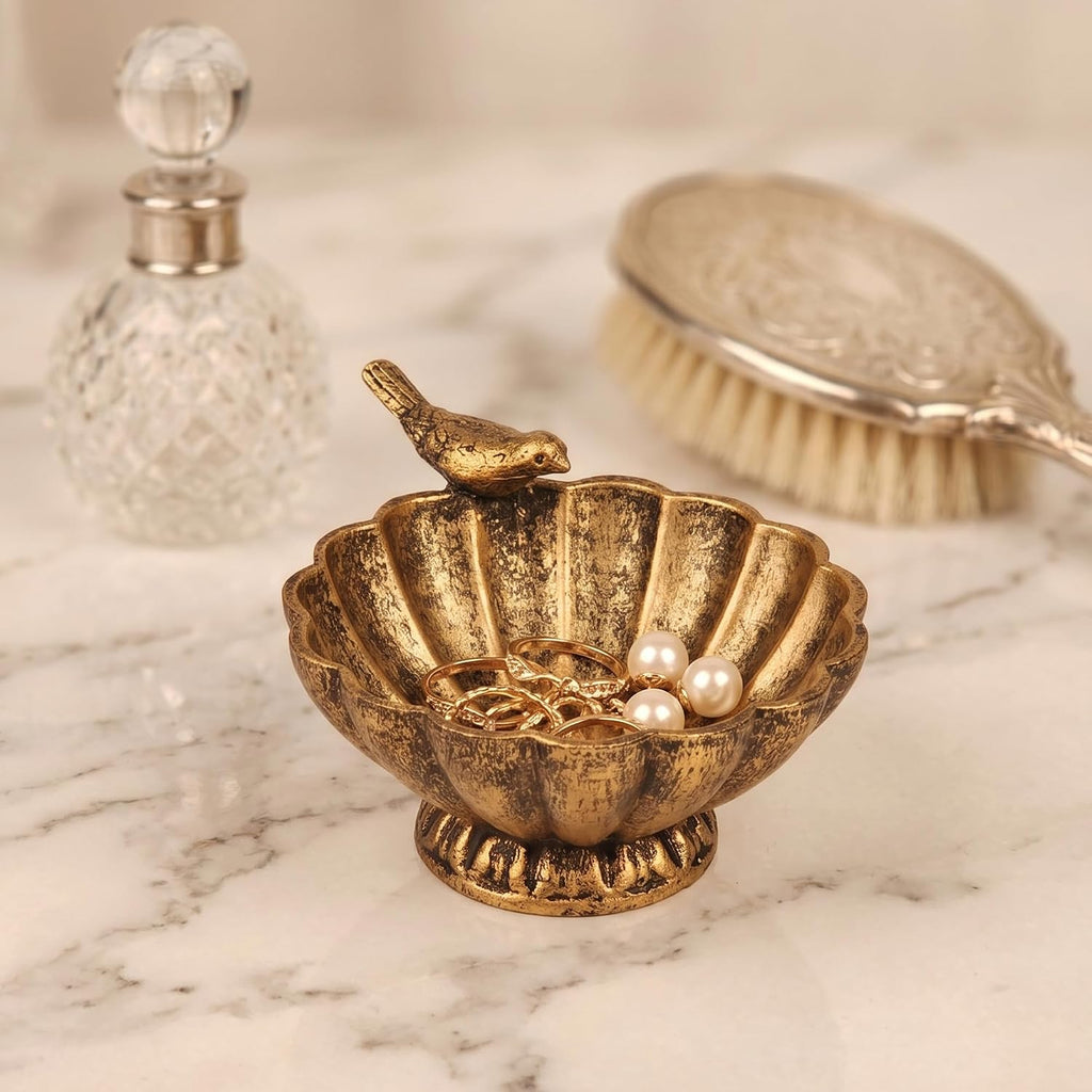 Vintage Bird Trinket Bowl Dish,Antique Gold Jewelry Tray Holder
