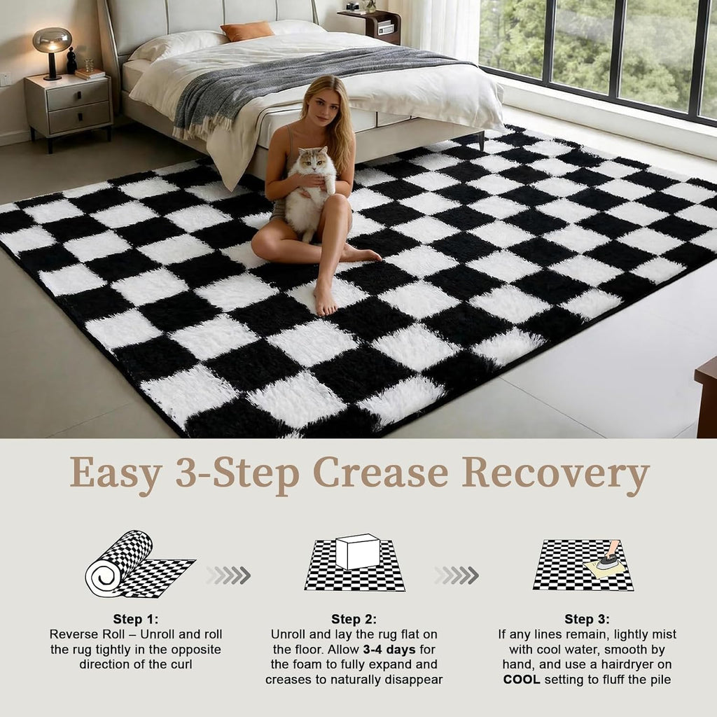 Checkered Shag Area Rug 8'x10', Black and White Plush Rug, Non-Slip Soft Carpet Nursery, Modern Floor Decor with