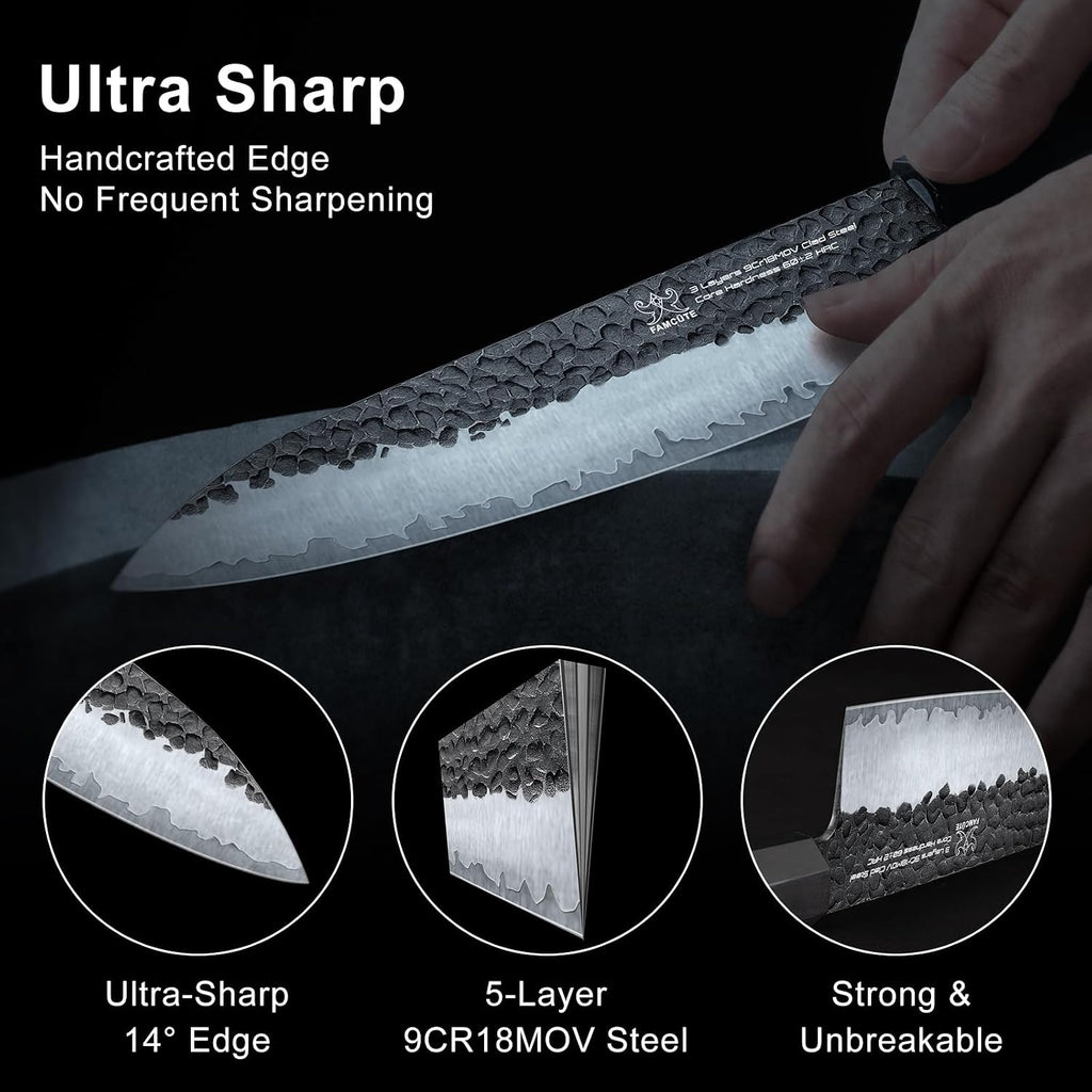 Japanese Knife Set with Block, Kitchen Knives Gift for Men & Women | Hand Forged 5-Layer 9CR18MOV Clad Steel Chef