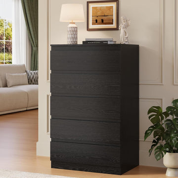 Black Wood Dresser , 5 Drawer for Clothes Storage | Handle-Free, Tall Wooden Chest Drawers , Night Stand