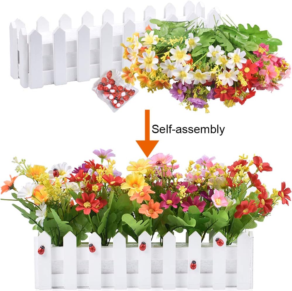 Artificial Flower Plants - Mixed Color Daisies in Picket Fence Pot for Indoor Office Wedding Home Decor, 2 Sets