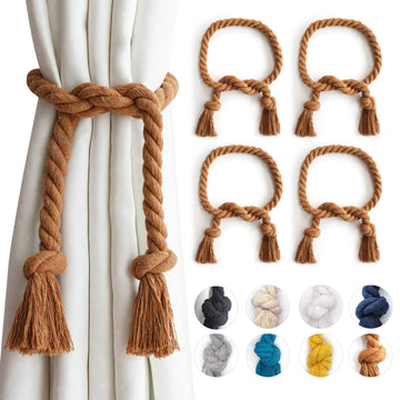 Outdoor Curtain Tiebacks Rope, Natural Cotton Curtain Holders, Village Rural Rustic Curtain Holdbacks - 4 Pack