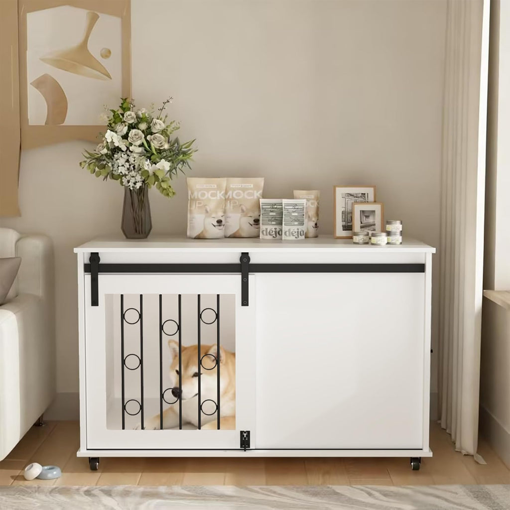 Modern Wooden Dog Crate Furniture with Sliding Barn Door and Side Door