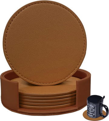 Coasters Soft Leather Drink Coaster Round Coaster with Sewing Around, Suitable for Various Cups, Wooden - Set of 6