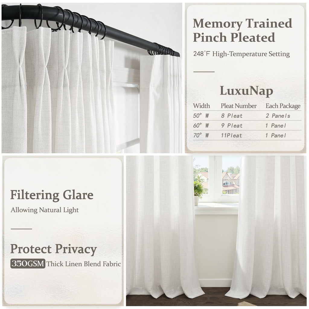 70 Inch Extra Wide Beige White Curtains 102 Inches Long for Classroom, Memory Shape Pinch Pleat Light Filtering Thick