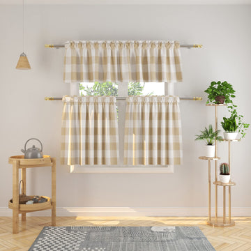 3 Pc Cotton Classic Country Farmhouse Kitchen Window Curtain -Beige & White Buffalo Check Tier & Valance Set, 54" x