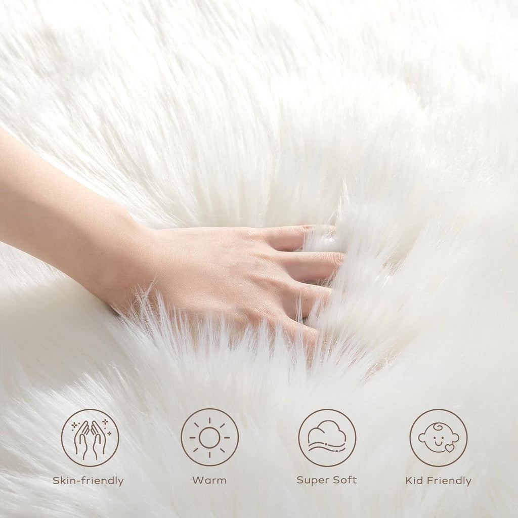 Ashler Faux Fur Rug, Fluffy White Small Sheepskin Rug, Ultra Soft 2x3 Ft Mat, Machine Washable Shag Mats, Nursery
