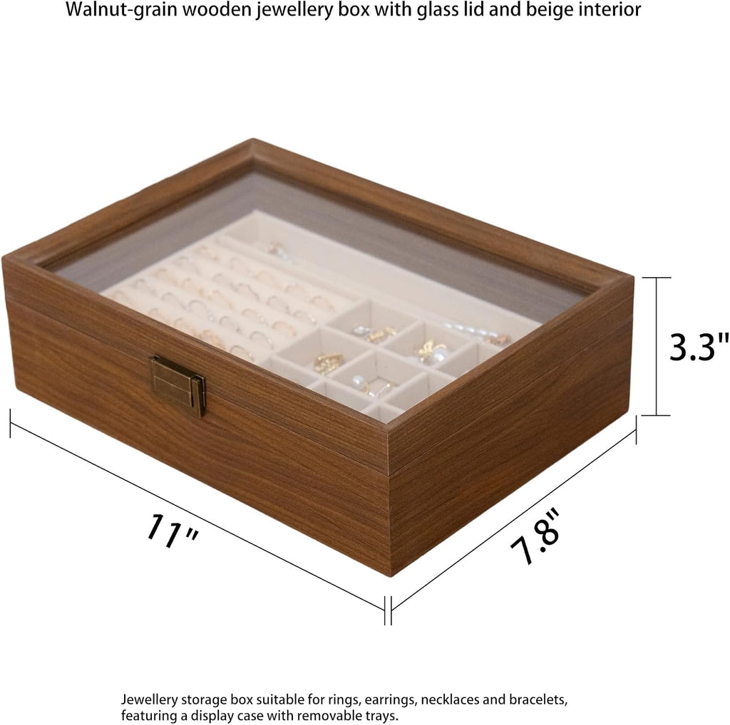 2-Layer Glass Lid Walnut Jewelry Box,Wooden Jewelry Organizer