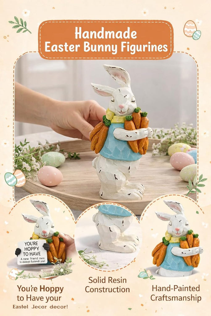 Easter Decorations Bunny Resin Figurine with Carrots - 9.3'' Hand-Painted Rabbit Outdoor Statue, Spring Farmhouse