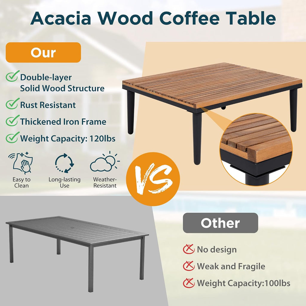 3 Pieces Acacia Wood Sectional Patio Sofa with Coffee Table, Outdoor L-Shaped Sectional Sofa with Side Table
