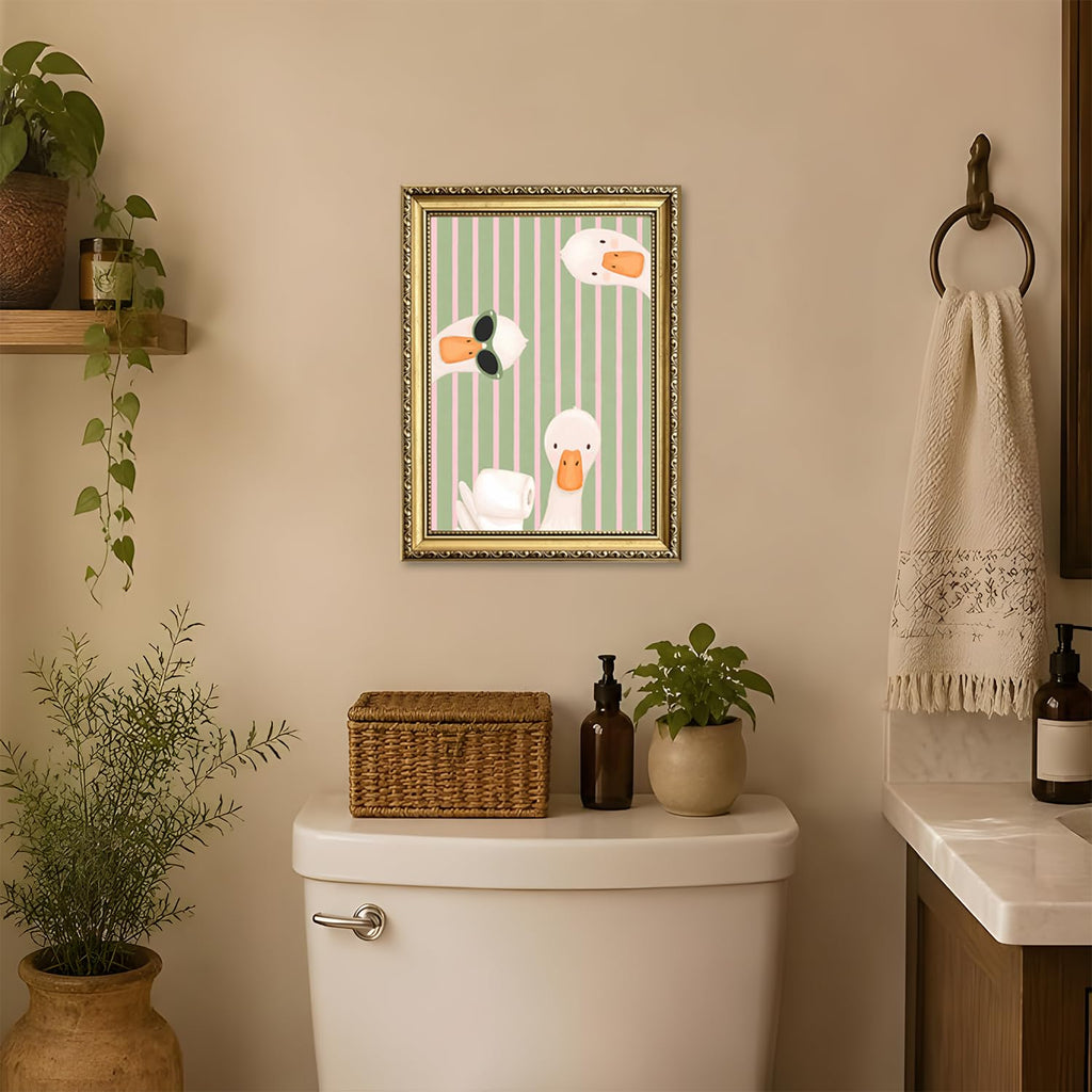 Funny Goose Bathroom Wall Art Cute Silly Gooses Toilet Wall Decor Painting, Green Pink Stripes Animal Poster Canvas