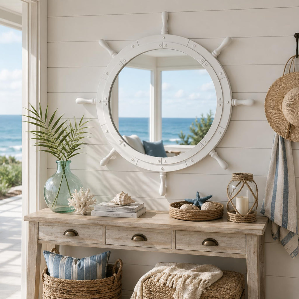 Nautical Ship Wheel Mirror Wall Mounted, White Handle, 30 Inch