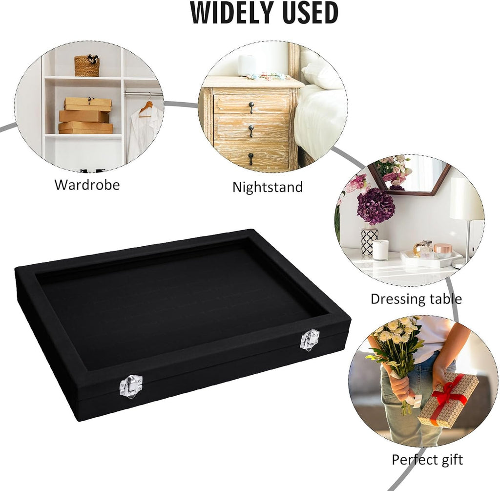 Velvet 100 Slots Ring Organizer Tray Ring Box with Clear Lid