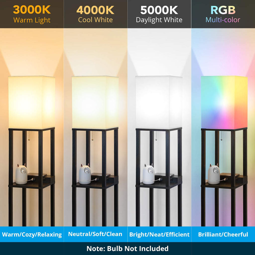 Shelf Floor Lamp with Wireless Charger, USB, Type C, AC Port, Black