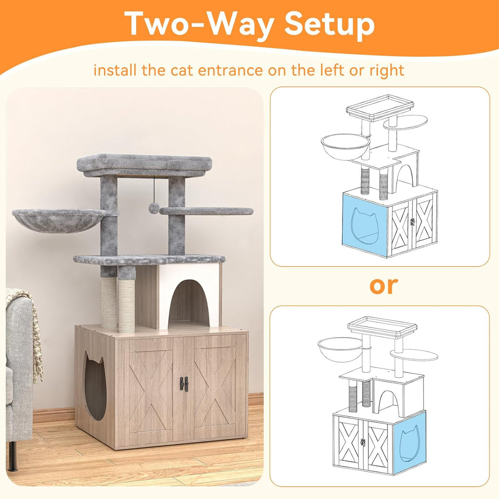 Litter Box Enclosure with Cat Tree, Cat Tree with Litter Box Enclosure, Hidden Pet Washroom Furniture with Sisal