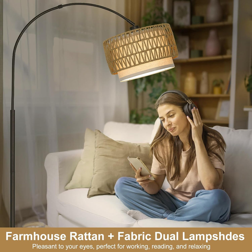 Rattan Floor Lamp, Arc Floor Lamps, Farmhouse Standing Lamp with Adjustable Hanging Fabric Shade