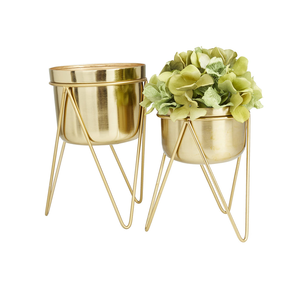 Metal Indoor Outdoor Planter Small Planter Pot with Removable Stand, Set of 2 Planters 7", 7"W, Gold
