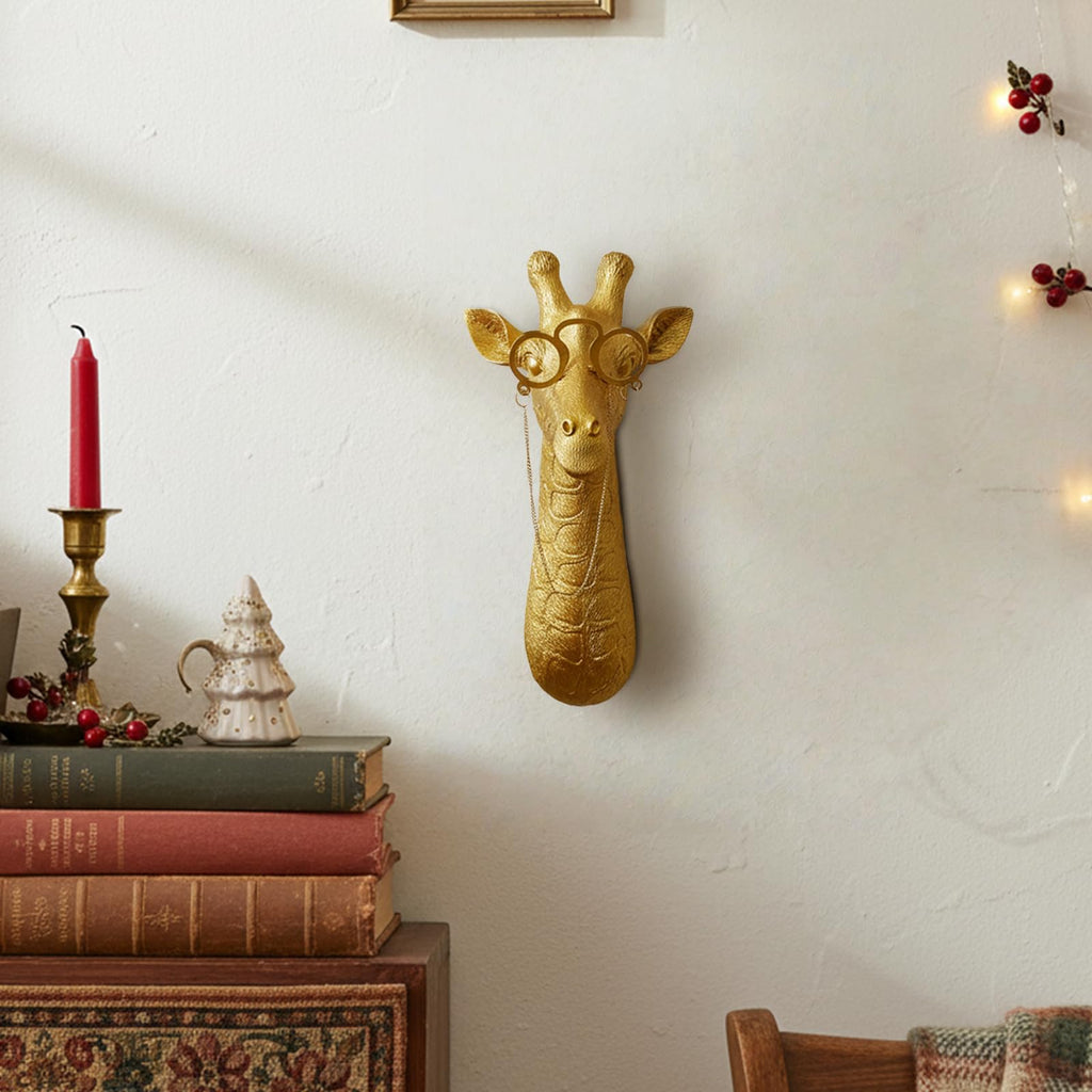 Decorative Gold Giraffe Head Wall Mount with Glasses, Resin Material, 11.42 x 5.71 x 4.33 Inches, Modern Safari Wall