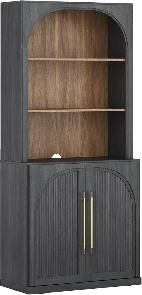 Tall Arched Storage Cabinet with Hutch,Modern Bookcase with Drawers,Freestanding Display Shelf with Fluted