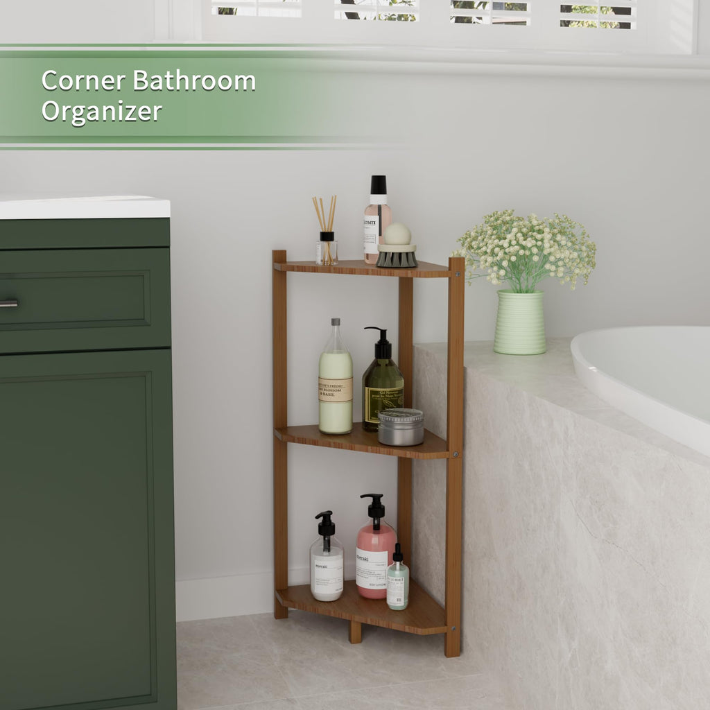 Bamboo Small Corner Shelf Stand, 3-Tier Brown Corner Bookshelf