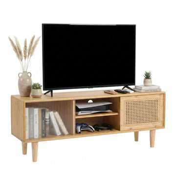 Rattan TV Stand for Up to 55 Inch, Mid Century Modern Bamboo Entertainment Center with 2 Cabinets & Adjustable Shelf