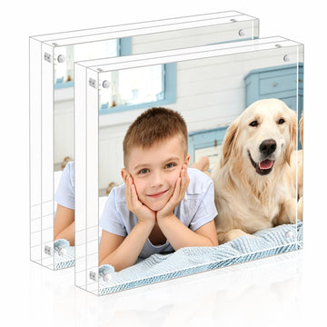 Acrylic 5x5 Picture Frame 2 Pack Clear Two Sided Desk Photo Frame Magnetic Frame Inner Size 4x4 with Gift Pack for