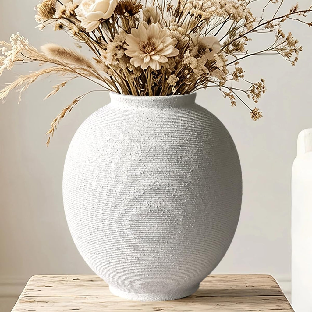 White Ceramic Vase, 9.8" Large, Round, Sandstone White | Farmhouse Style, Hand-Made Textured, Minimalist Design