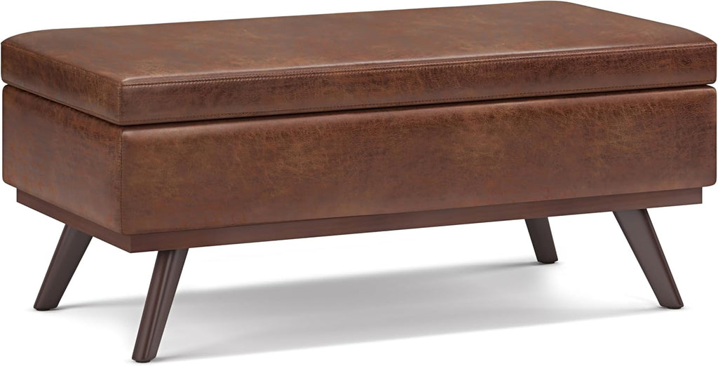 Owen 42" Wide Vegan Leather Lift Top Ottoman in Saddle Brown | Distressed saddle brown, mid-century modern lift-top