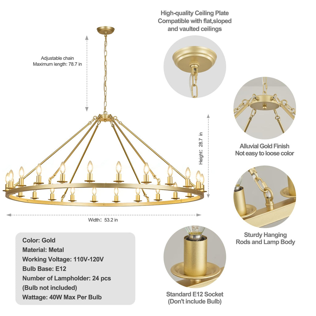 Gold Wagon Wheel Chandelier 53-Inch 24-Light, Extra Large Round Rustic Farmhouse Chandelier Metal Circle Chandeliers