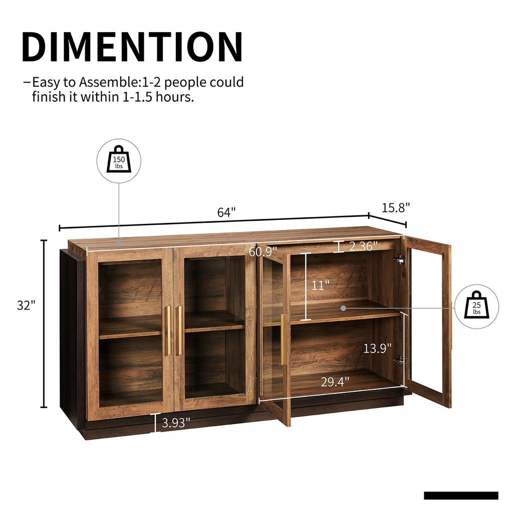 64" Sideboard Buffet Cabinet with Glass Doors & LED Lights, Brown