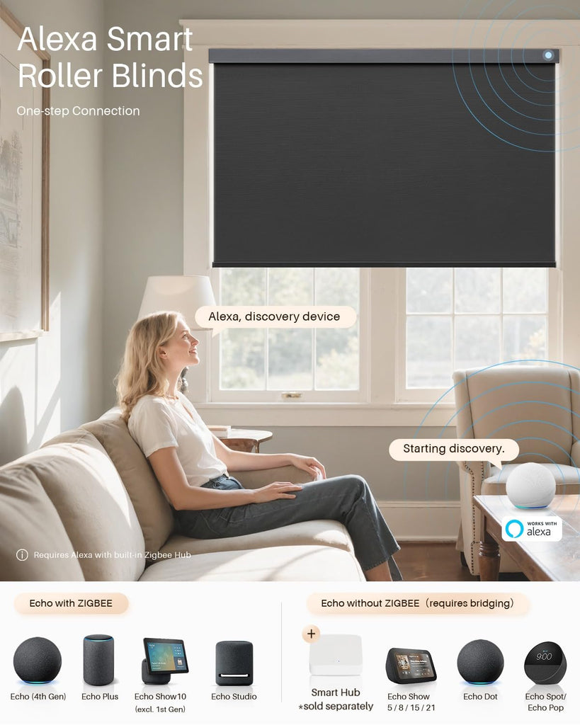 Smart Roller Shades for Windows, Works with Alexa, Black