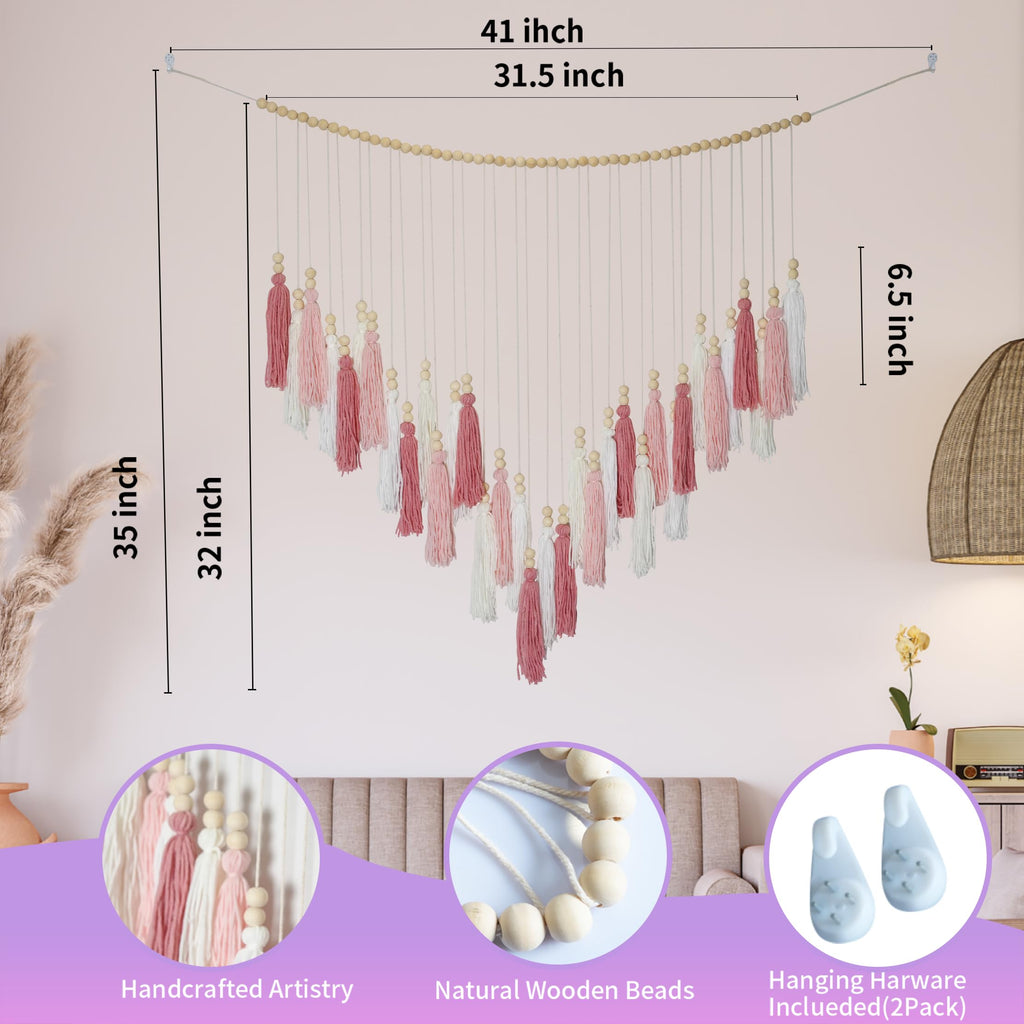 Pink&White Large Macrame Wall Haning Boho Decor, Blush Pink Tassel Wall Decor Bohemian, Pink Bedroom Living Room Girls