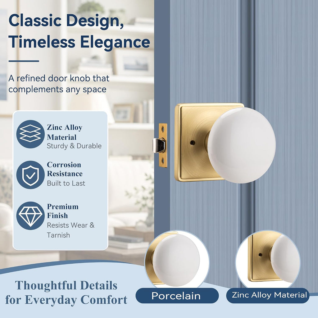 White Door Knobs, Porcelain Square Door Handle with Satin Brass Plate