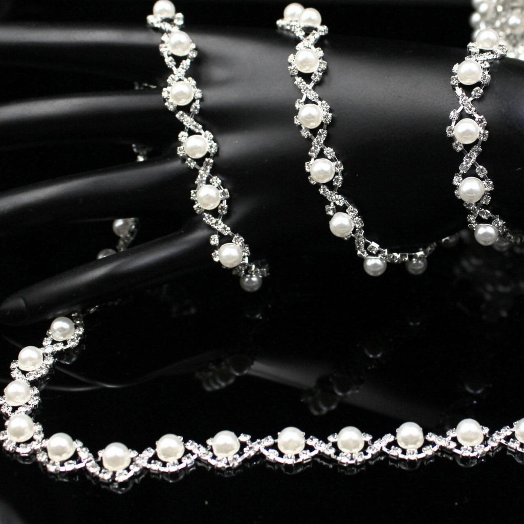 Pearl Trim Chain Rhinestone Silver String Crystal Applique Fringe Ribbon Strips Beads Sewing Dress DIY Party - 1 Yard