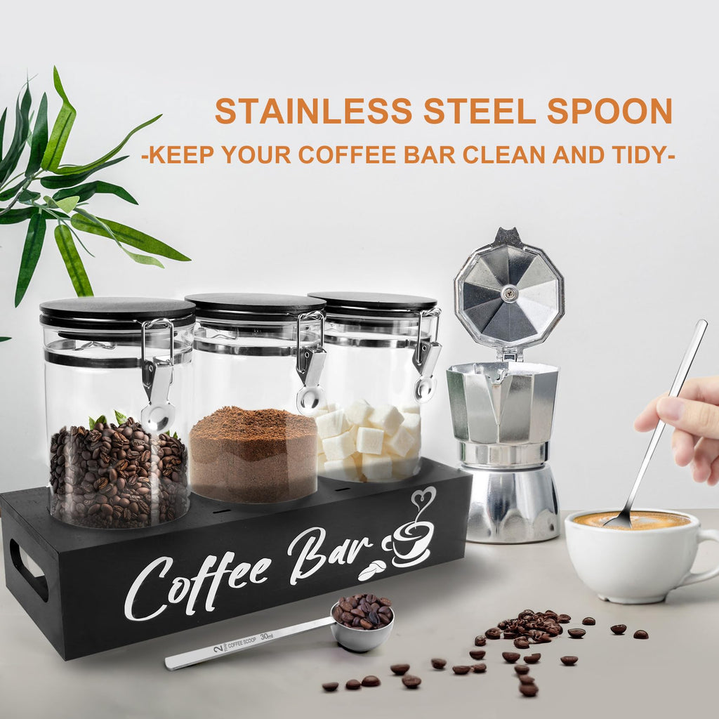 Glass Coffee Containers with Shelf Coffee Station Organizer 54oz Black Glass Coffees Bean Storage Canister with Spoon