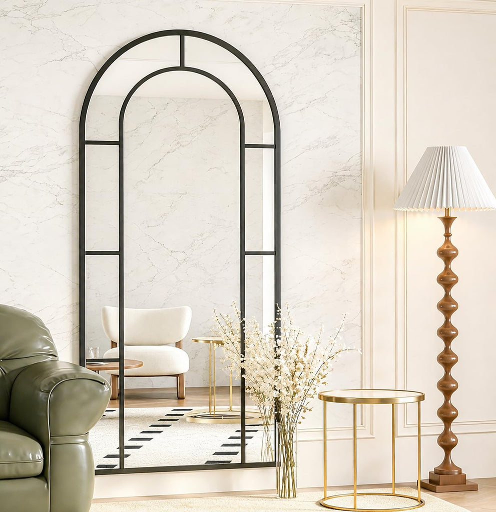 Arched Full Length Mirror, 56"x22" Large Window Floor Mirror, Farmhouse Pane Mirrors with Metal Framed, Full Body