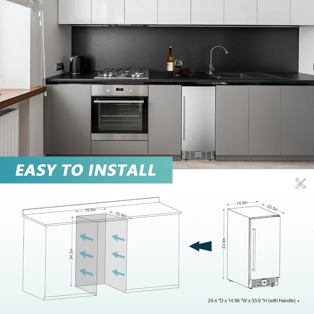 Beverage Refrigerator 15 Inch, Under Counter 127 Can Beverage Fridge with Stainl