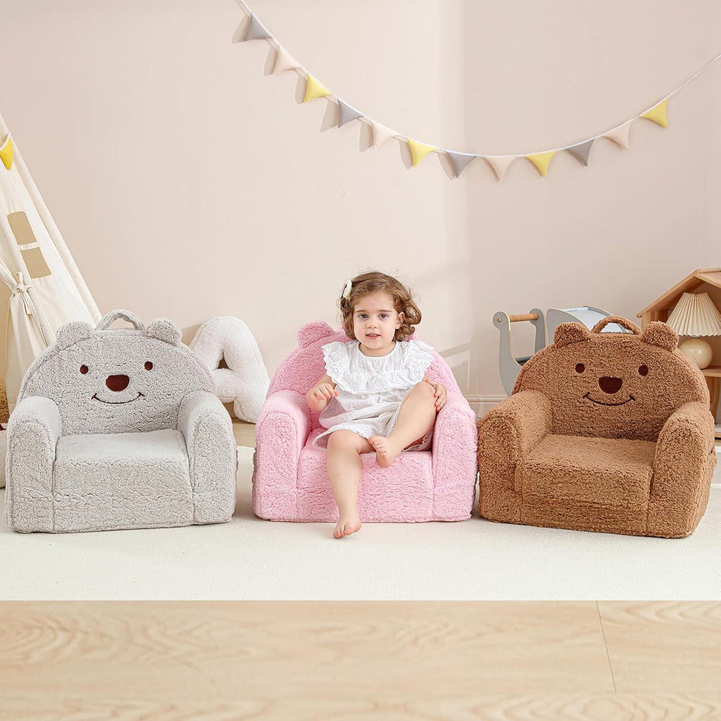 Kids Chair, Sherpa Bear Fold-Out Convertible Kids Couch, Grey