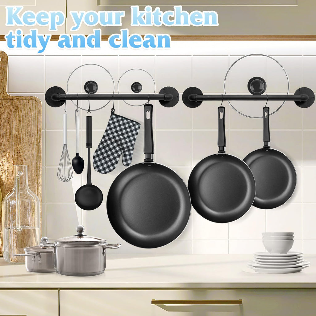 Pot Pan Rack Wall Mounted Set of 2, 21" Industrial Pipe Utensils Hanger Holder Pots Storage Organizer Iron Detachable