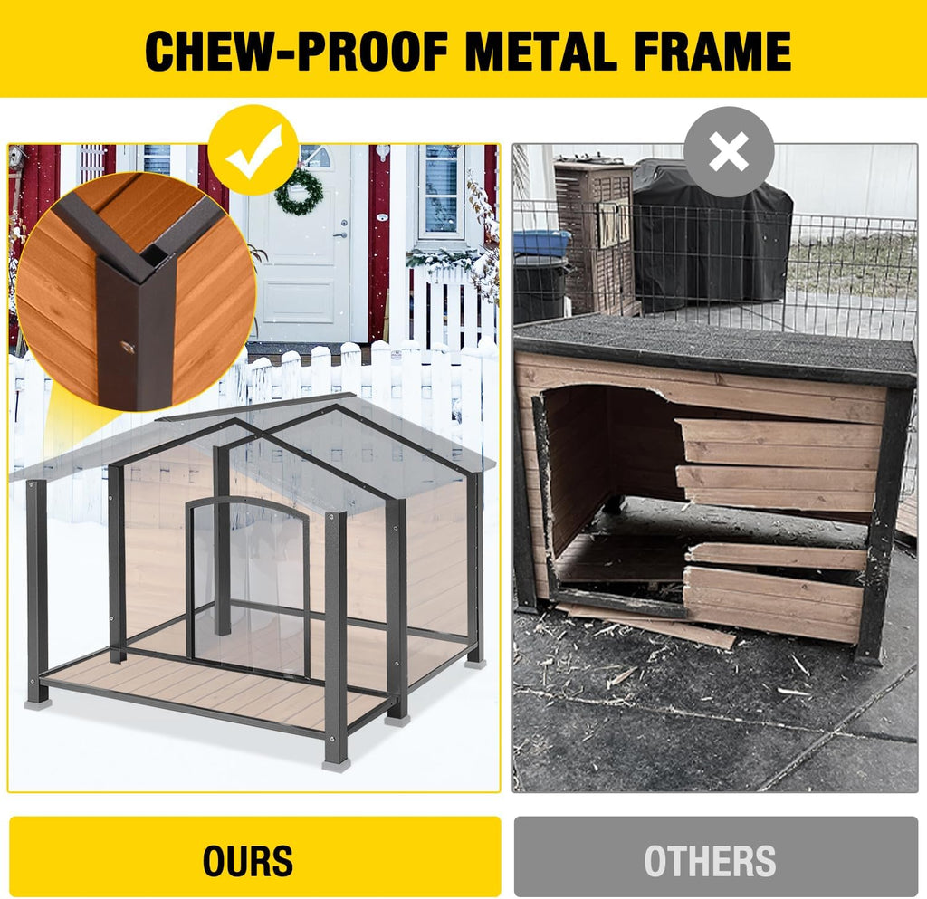 Heated Outdoor Dog House - Weatherproof Insulated Wooden Shelter with Iron Frame, Large Porch for Medium & Large