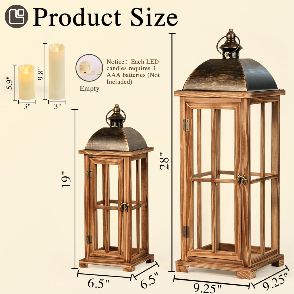 Large Decorative Lanterns, 2 Pack Farmhouse Wood Lanterns Indoor Outdoor