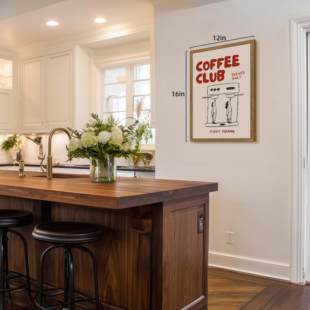 Wood Framed Funny Coffee Wall Art, Coffee Club Kitchen Wall Decor, Minimalist Line Drawing Coffee Bar Poster Print