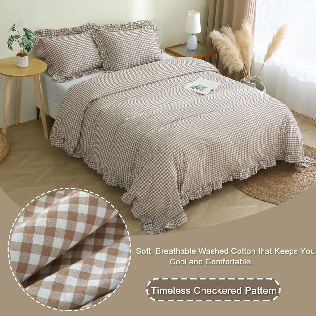 Taupe/White Plaid Ruffle Duvet Cover King,100% Washed Cotton 3 Pcs Vintage Checkered Chic Gingham Bedding Set