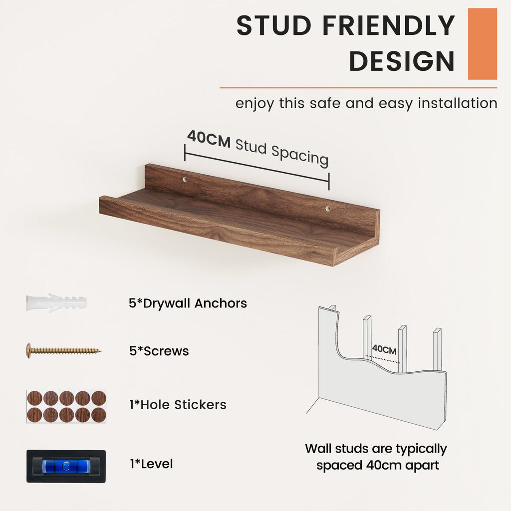 Picture Ledge Shelf, Floating Shelves for Wall, 16" W Set of 2, Walnut