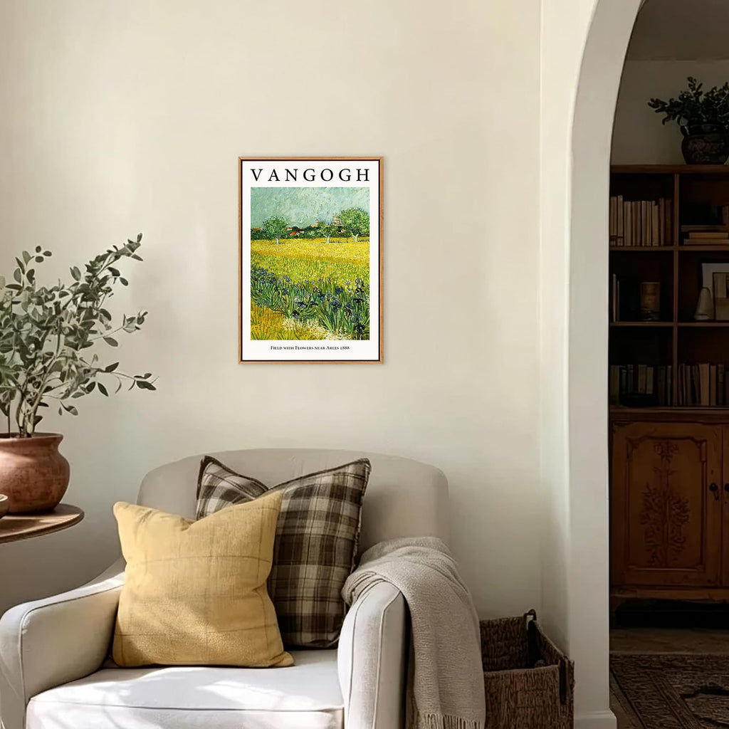 Van Gogh Framed canvas Wall Art, Field with Flowers near Arles Painting Picture Reproduction Room Decor, Famous Art