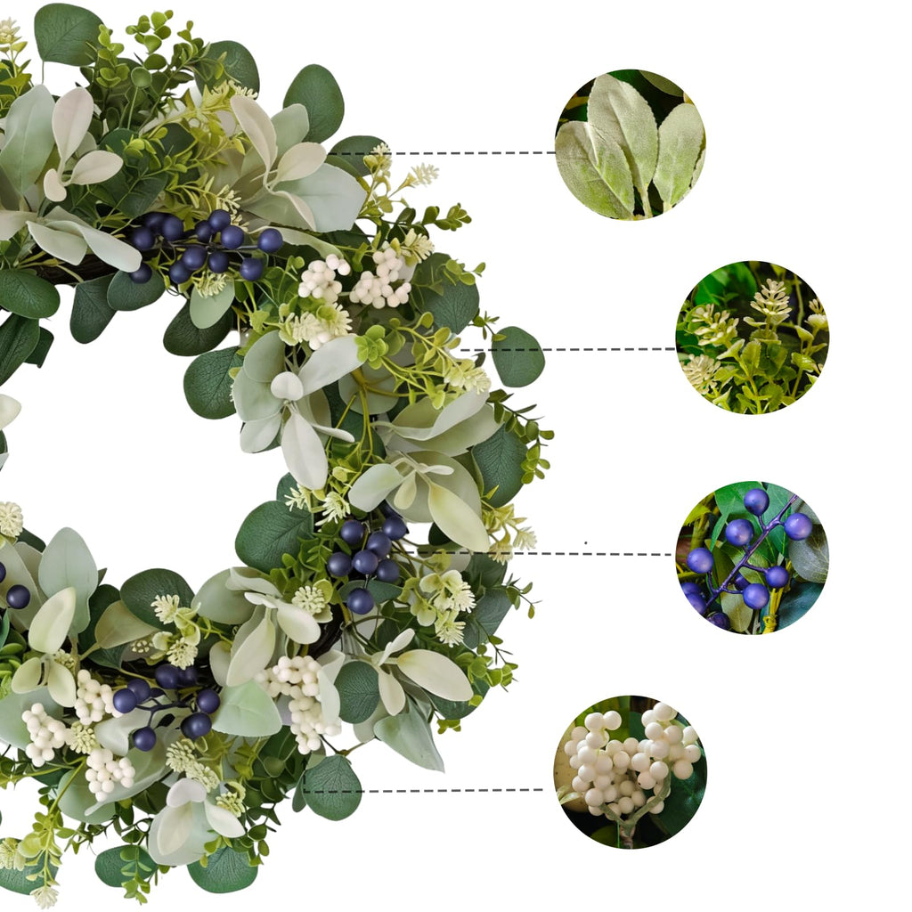 22 Inch Wreaths for Front Door, Green Spring Summer Wreath with Faux Lamb's Ear, Eucalyptus Leaves, White & Blue