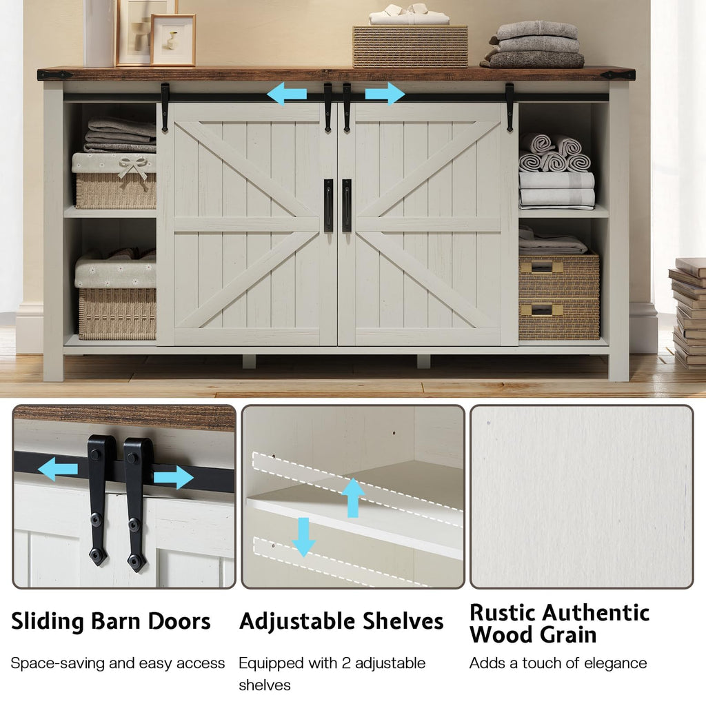 60" Farmhouse 4-Drawer with Barn Doors, Rustic White